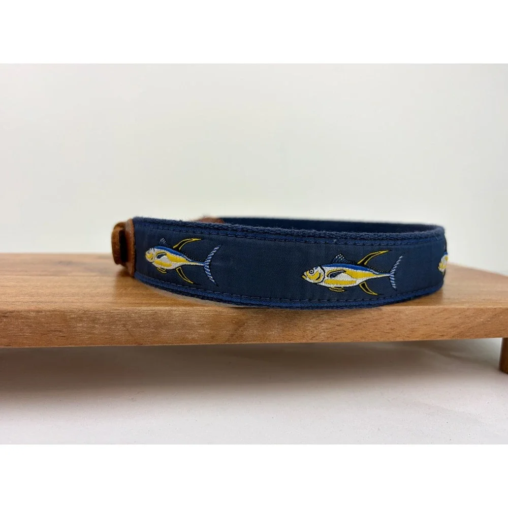 Preston Belt 24 Navy Blue Tuna Fish Embroidered Nautical Preppy Canvas Leather